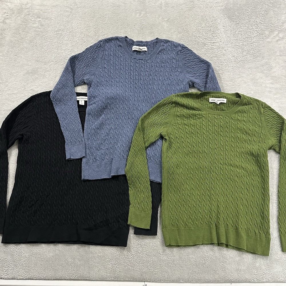 Amazon Essentials Lot of 3 Sweater Women's L Green Navy Blue Cable Knit Preppy